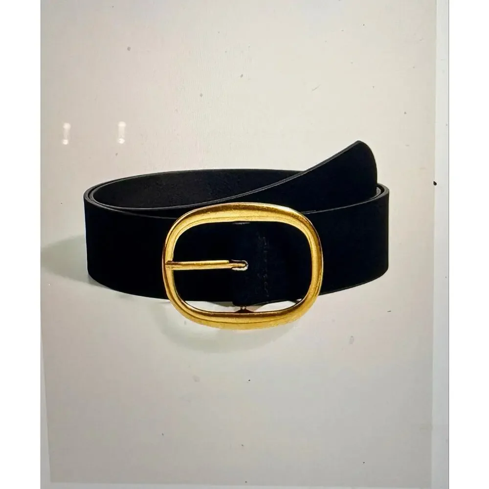 Women’s Boutique Black Designer Faux Suede Belt Gold  Buckle Adjustable 48” NWT